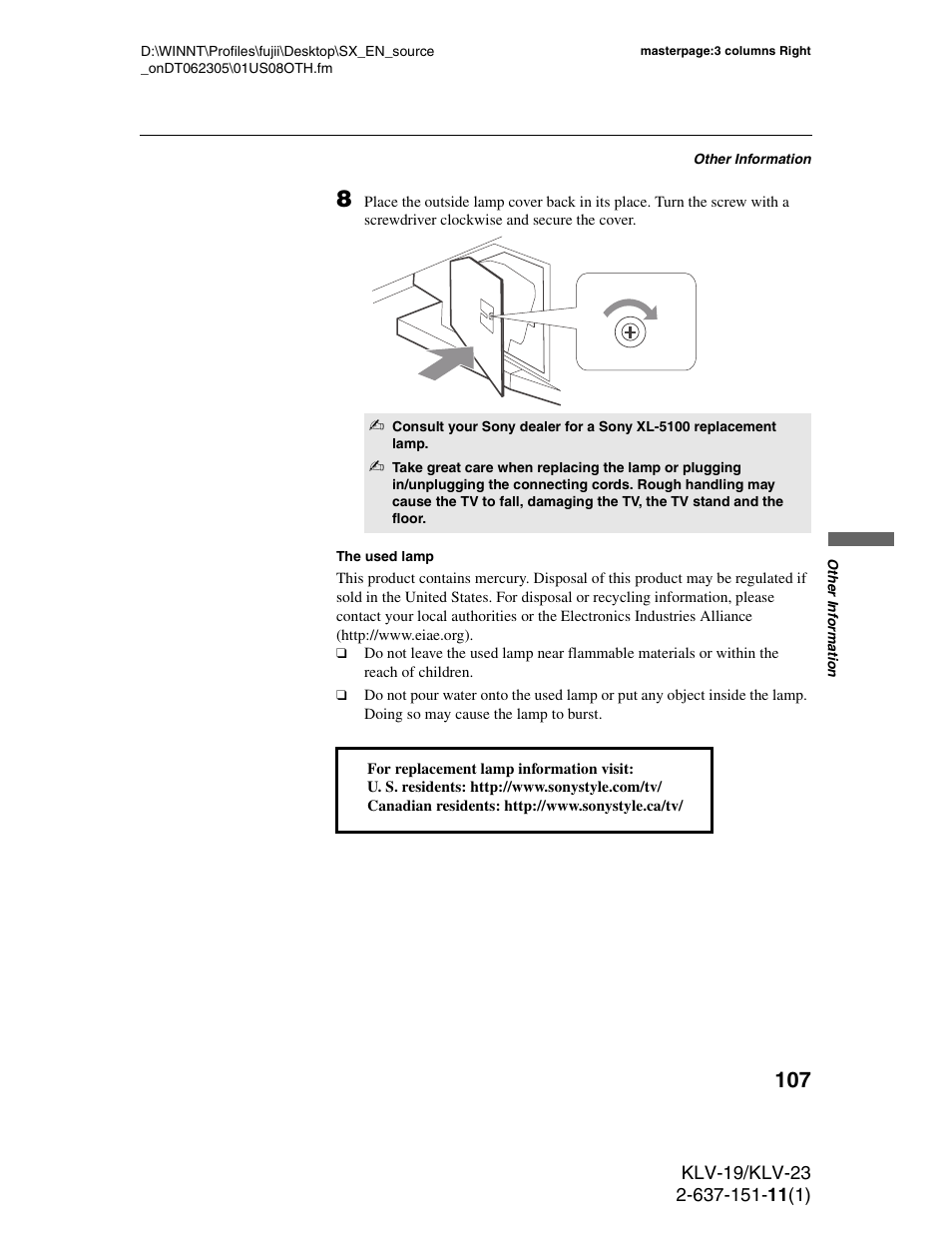 Sony KDS-R60XBR1 User Manual | Page 107 / 120