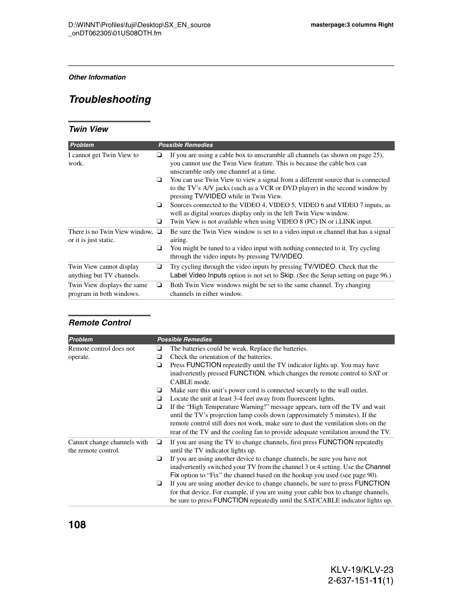 Troubleshooting, Twin view, Remote control | Sony KDS-R60XBR1 User Manual | Page 108 / 120