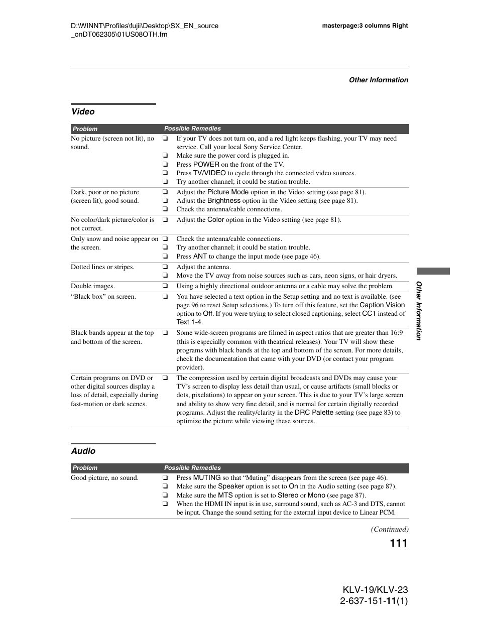 Video, Audio, Video audio | Sony KDS-R60XBR1 User Manual | Page 111 / 120