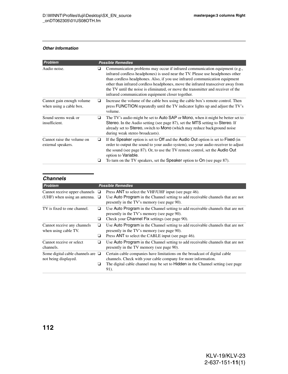 Channels | Sony KDS-R60XBR1 User Manual | Page 112 / 120