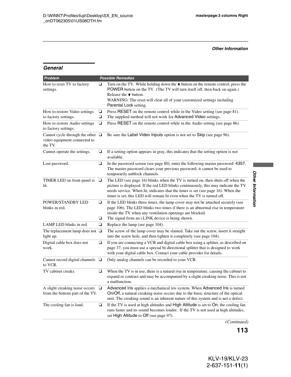 General | Sony KDS-R60XBR1 User Manual | Page 113 / 120