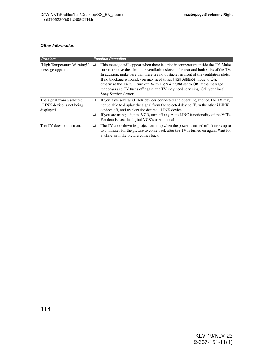 Sony KDS-R60XBR1 User Manual | Page 114 / 120