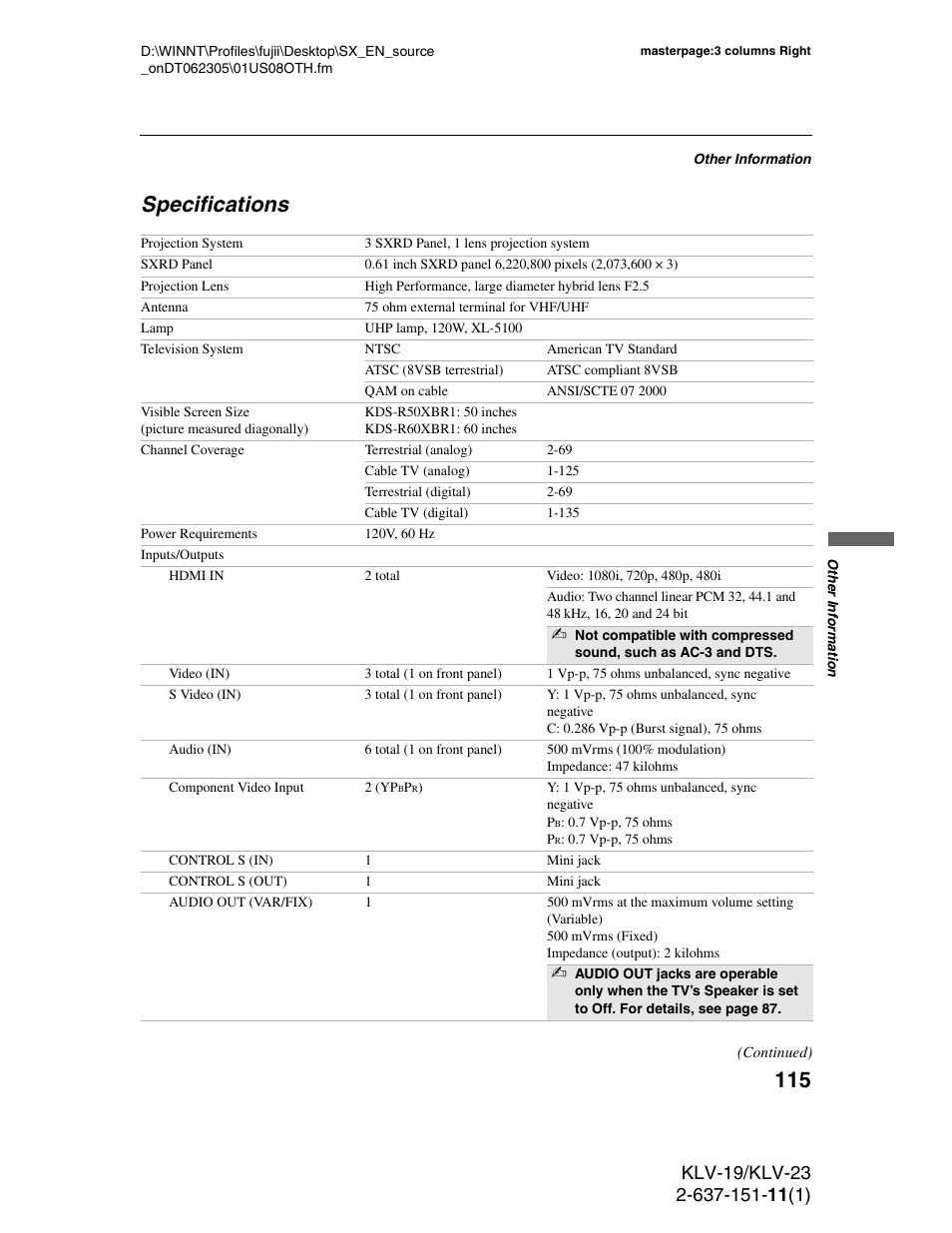 Specifications | Sony KDS-R60XBR1 User Manual | Page 115 / 120