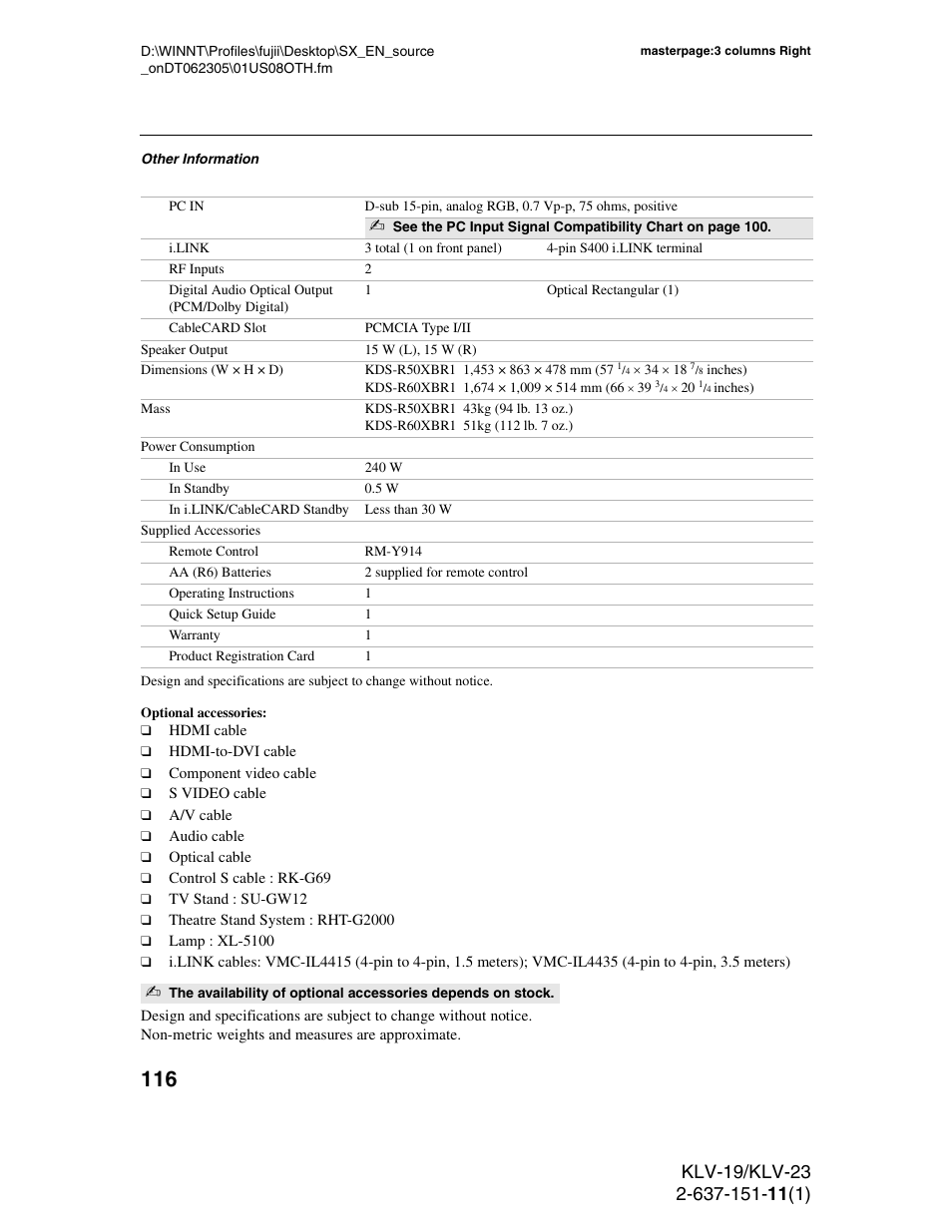 Optional accessories | Sony KDS-R60XBR1 User Manual | Page 116 / 120