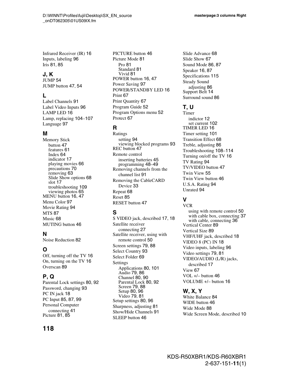 Sony KDS-R60XBR1 User Manual | Page 118 / 120