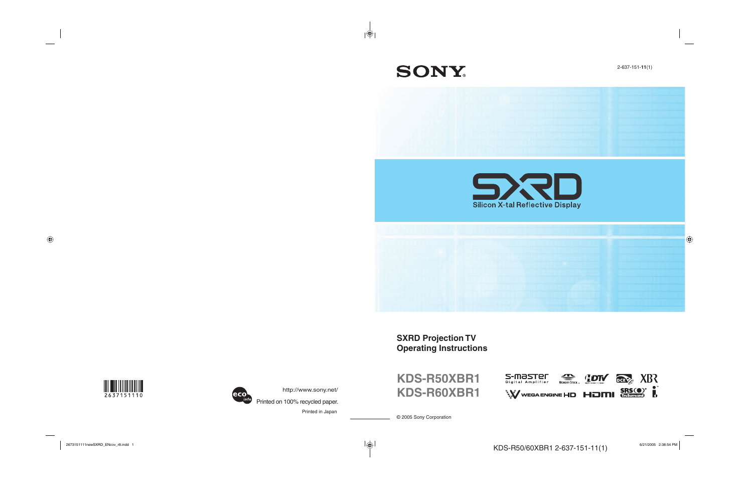 Sxrd projection tv operating instructions | Sony KDS-R60XBR1 User Manual | Page 120 / 120