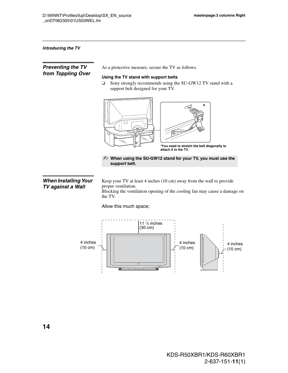 Preventing the tv from toppling over, When installing your tv against a wall | Sony KDS-R60XBR1 User Manual | Page 14 / 120