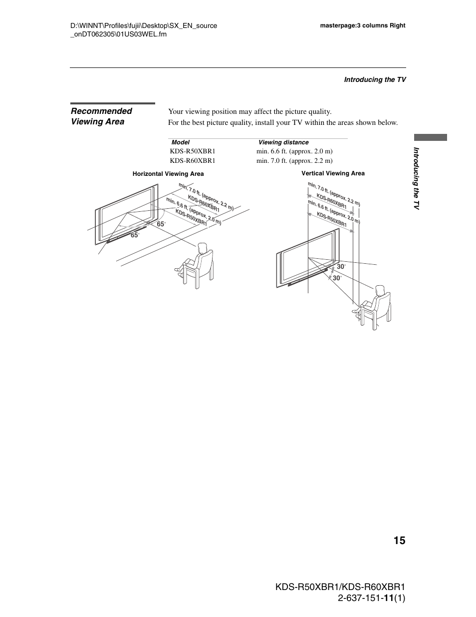 Recommended viewing area | Sony KDS-R60XBR1 User Manual | Page 15 / 120