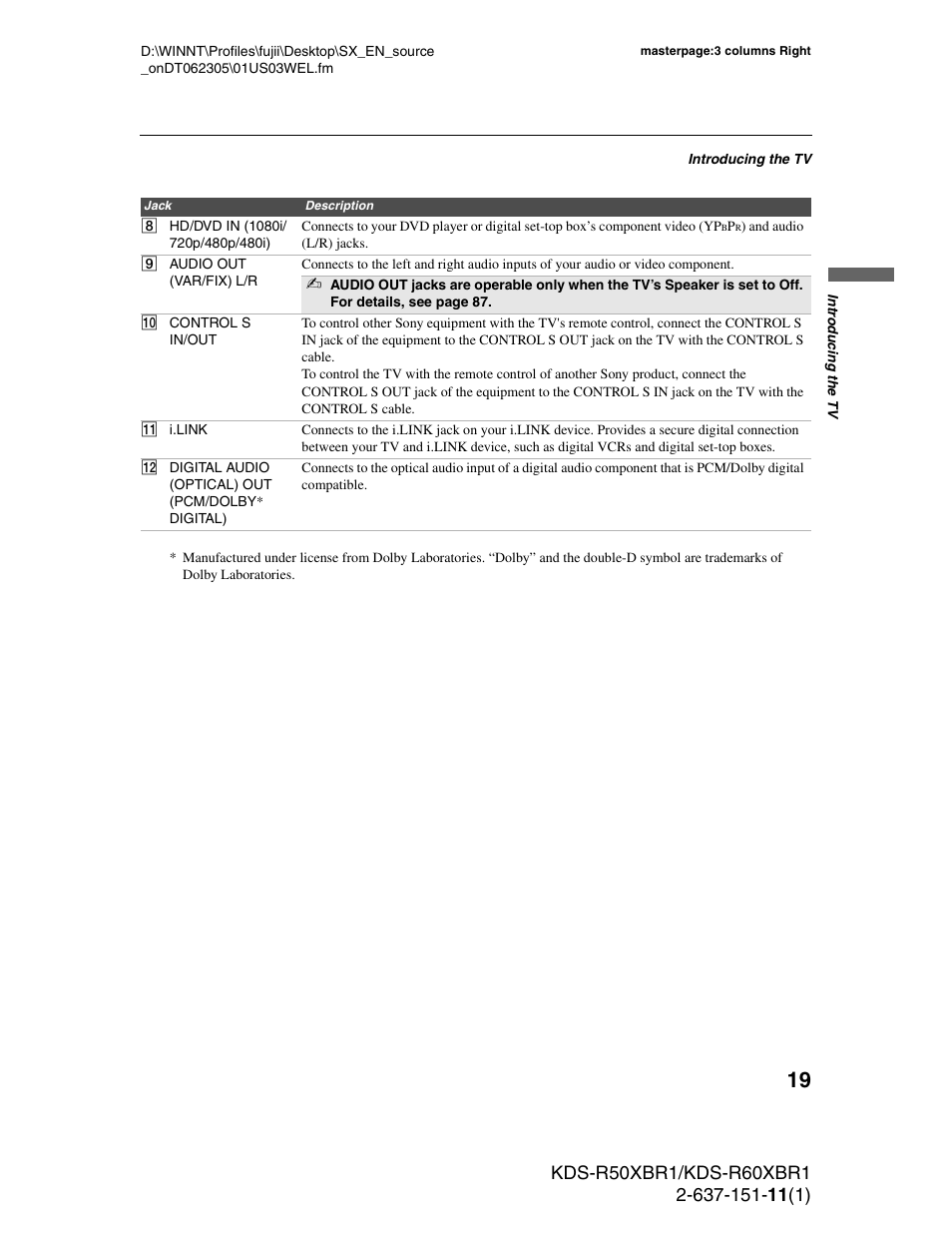 Sony KDS-R60XBR1 User Manual | Page 19 / 120