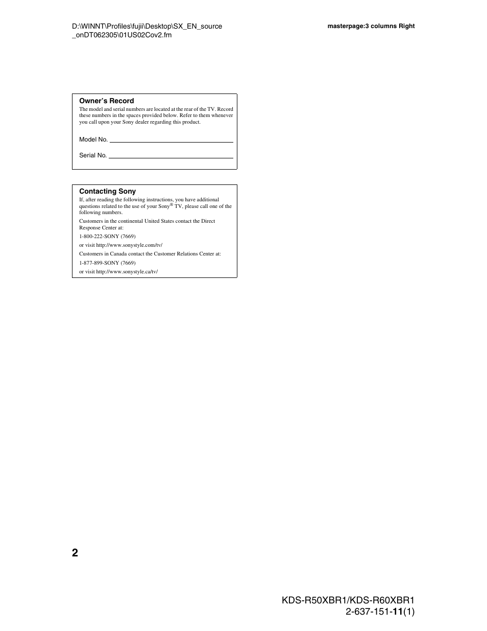 Sony KDS-R60XBR1 User Manual | Page 2 / 120