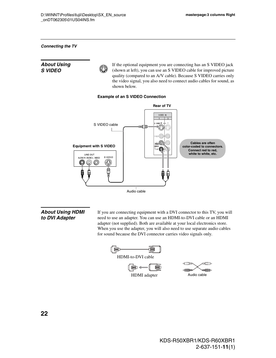 About using svideo, About using hdmi to dvi adapter | Sony KDS-R60XBR1 User Manual | Page 22 / 120