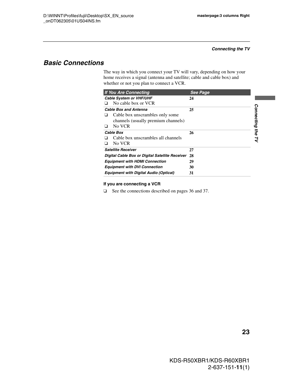 Basic connections | Sony KDS-R60XBR1 User Manual | Page 23 / 120