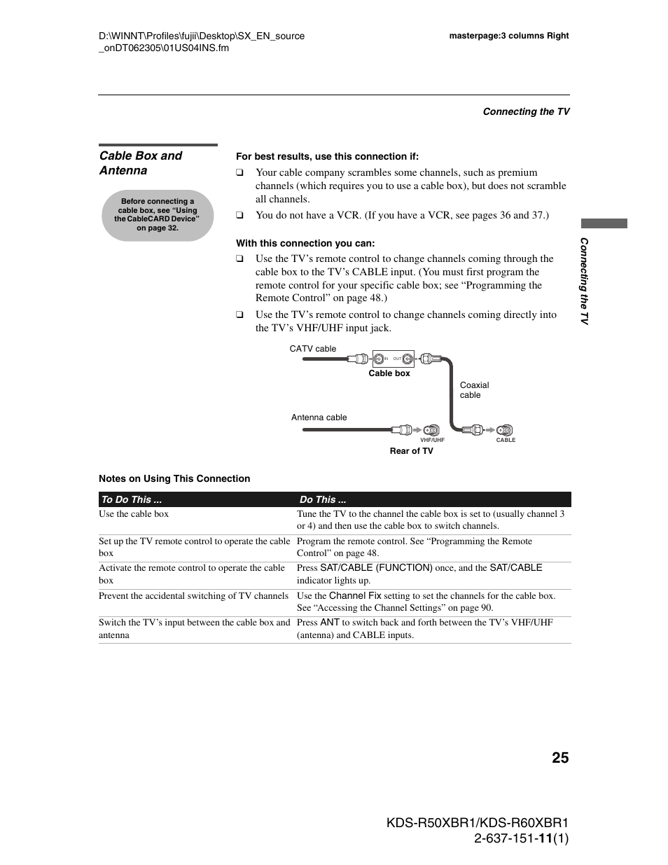 Cable box and antenna | Sony KDS-R60XBR1 User Manual | Page 25 / 120