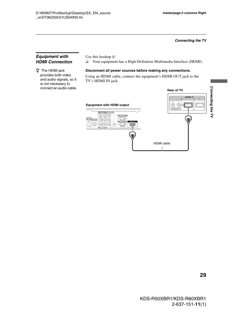 Equipment with hdmi connection | Sony KDS-R60XBR1 User Manual | Page 29 / 120