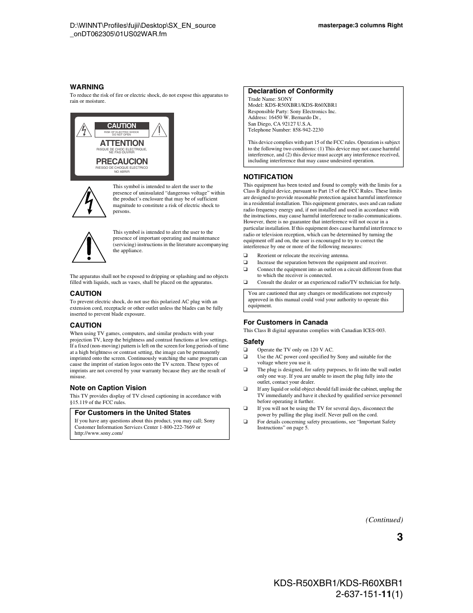 Attention, Precaucion, Continued) | Sony KDS-R60XBR1 User Manual | Page 3 / 120