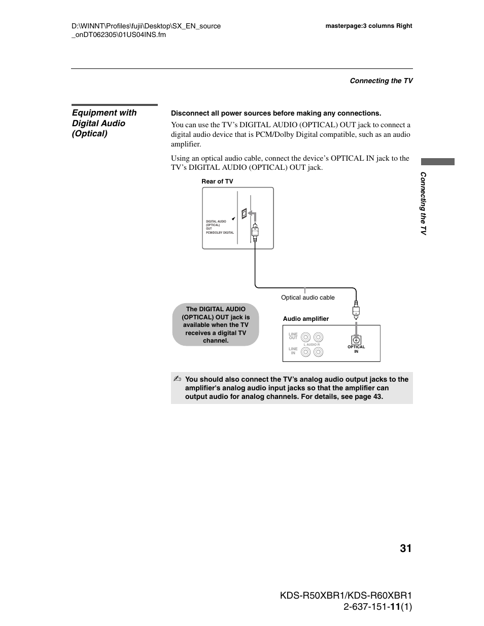 Equipment with digital audio (optical) | Sony KDS-R60XBR1 User Manual | Page 31 / 120