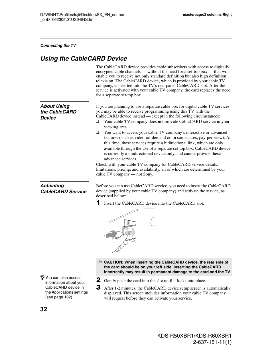 Using the cablecard device, About using the cablecard device, Activating cablecard service | X, see “using, The cablecard device | Sony KDS-R60XBR1 User Manual | Page 32 / 120