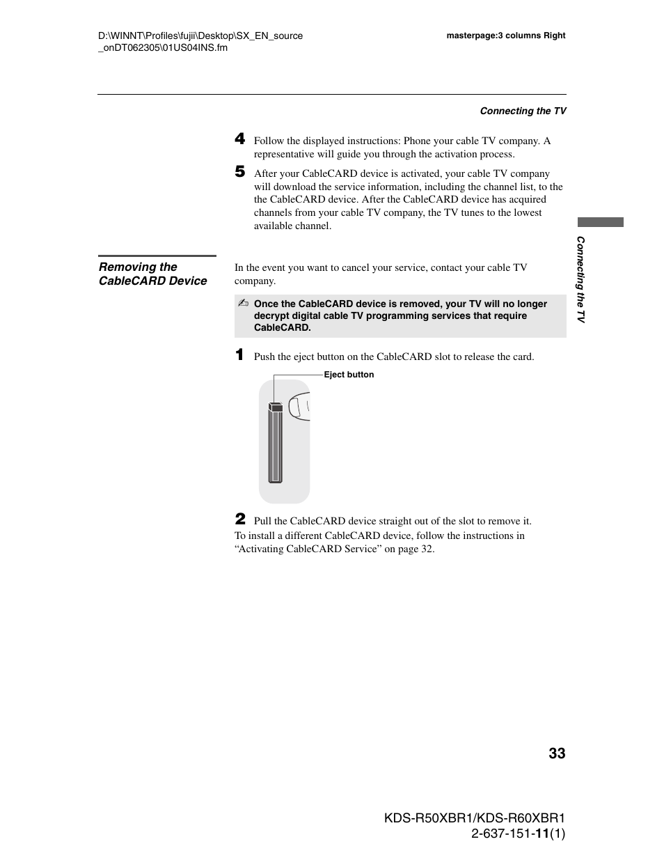 Removing the cablecard device | Sony KDS-R60XBR1 User Manual | Page 33 / 120