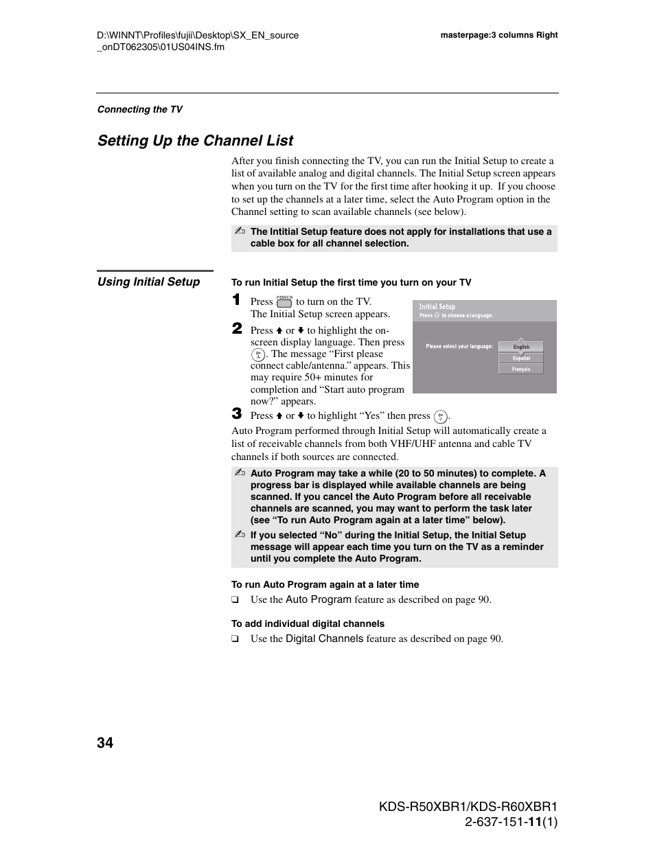 Setting up the channel list, Using initial setup | Sony KDS-R60XBR1 User Manual | Page 34 / 120