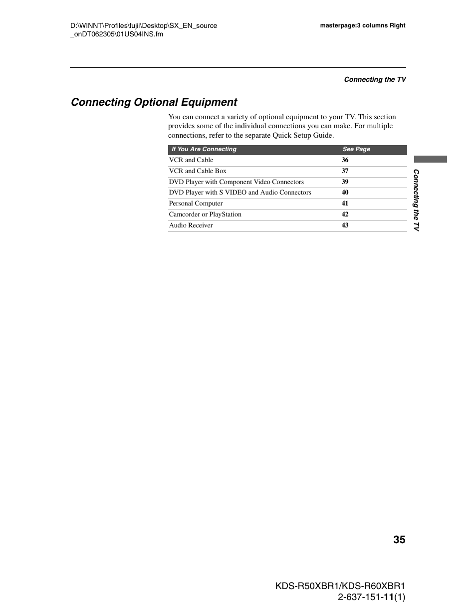 Connecting optional equipment | Sony KDS-R60XBR1 User Manual | Page 35 / 120