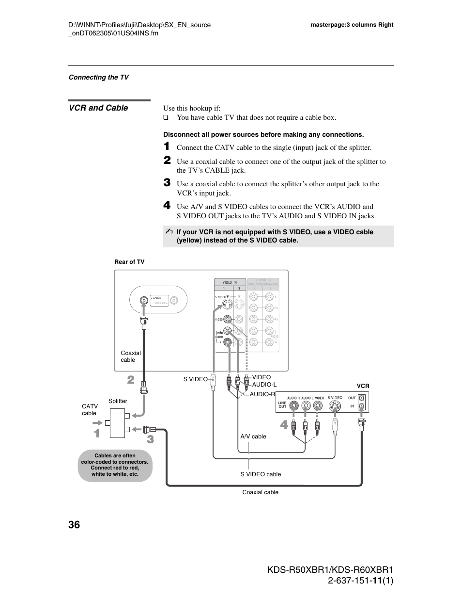 Vcr and cable, S 36 an, 36 and | Sony KDS-R60XBR1 User Manual | Page 36 / 120