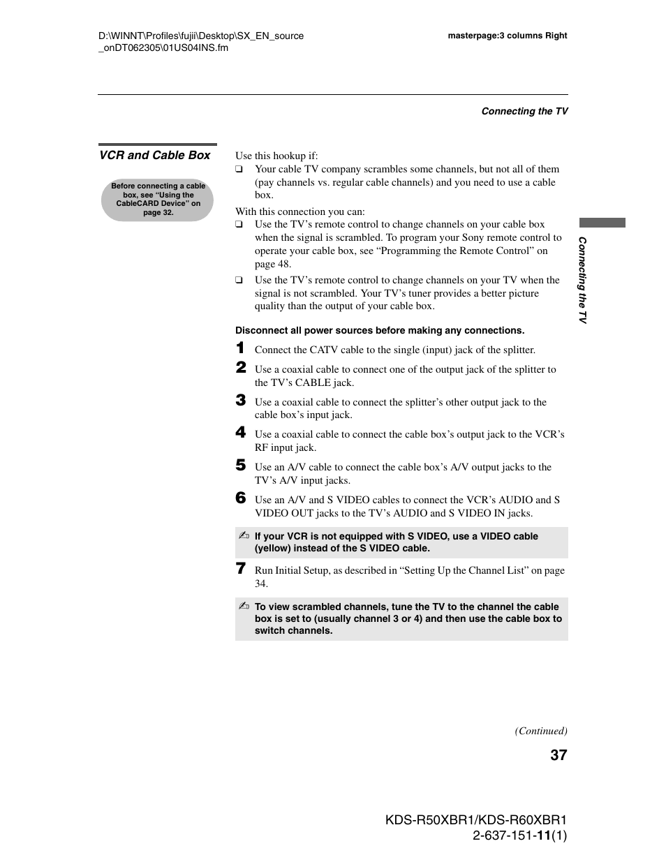 Vcr and cable box, D 37 | Sony KDS-R60XBR1 User Manual | Page 37 / 120