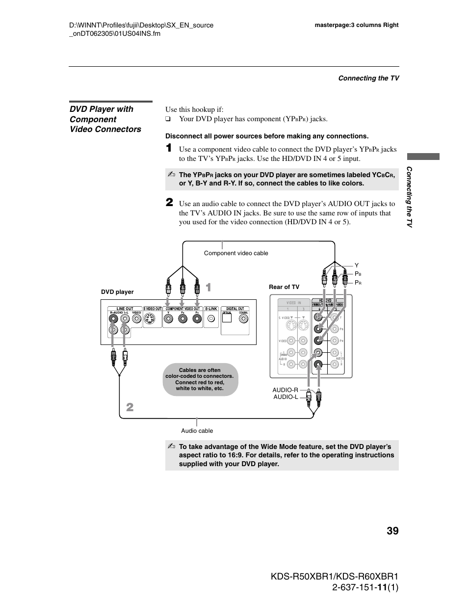 Dvd player with component video connectors | Sony KDS-R60XBR1 User Manual | Page 39 / 120