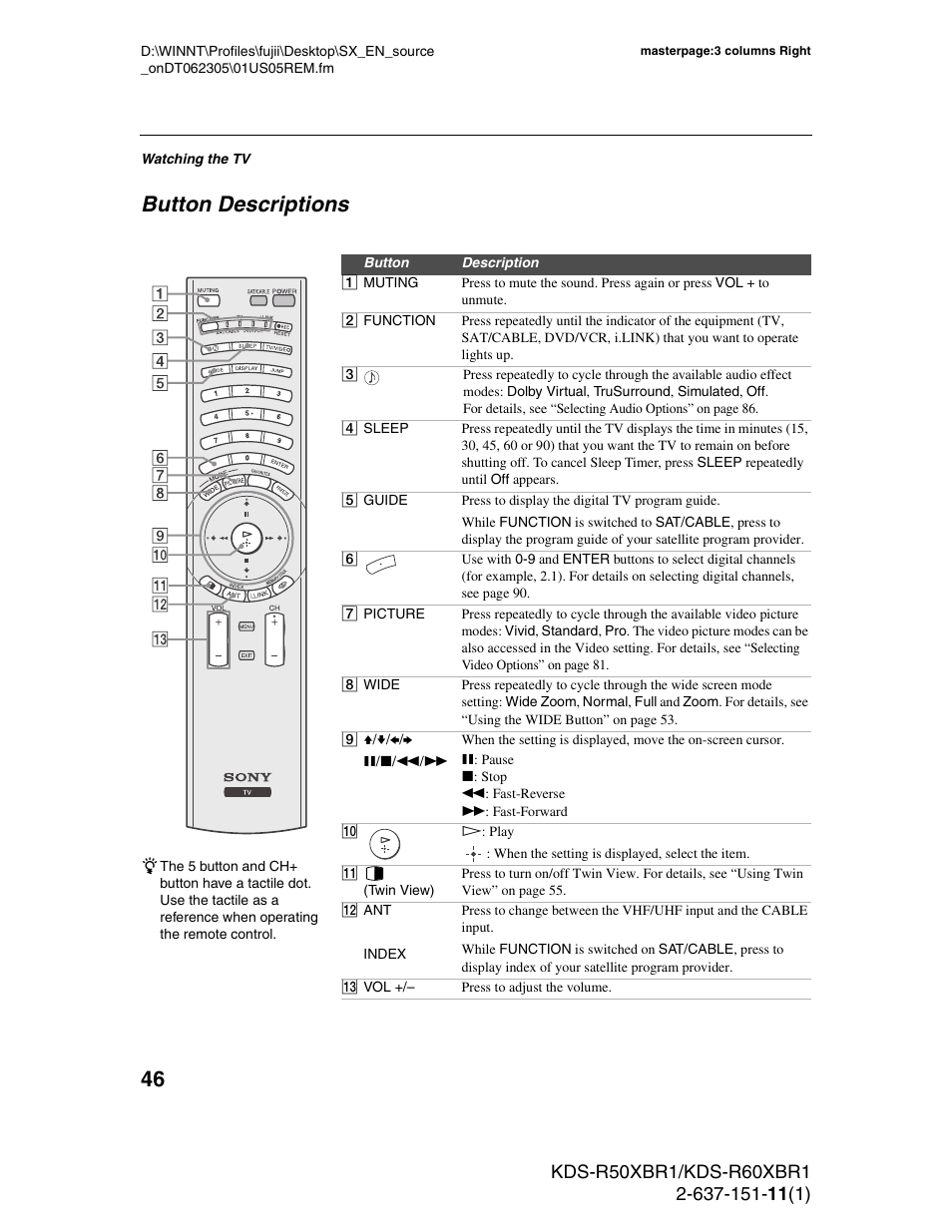 Button descriptions | Sony KDS-R60XBR1 User Manual | Page 46 / 120