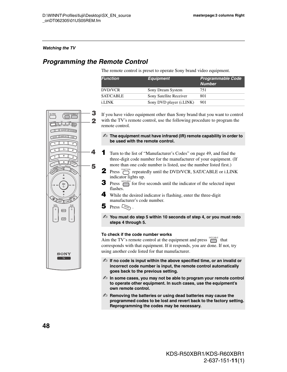 Programming the remote control | Sony KDS-R60XBR1 User Manual | Page 48 / 120