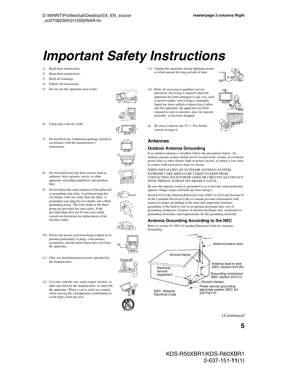 Important safety instructions | Sony KDS-R60XBR1 User Manual | Page 5 / 120