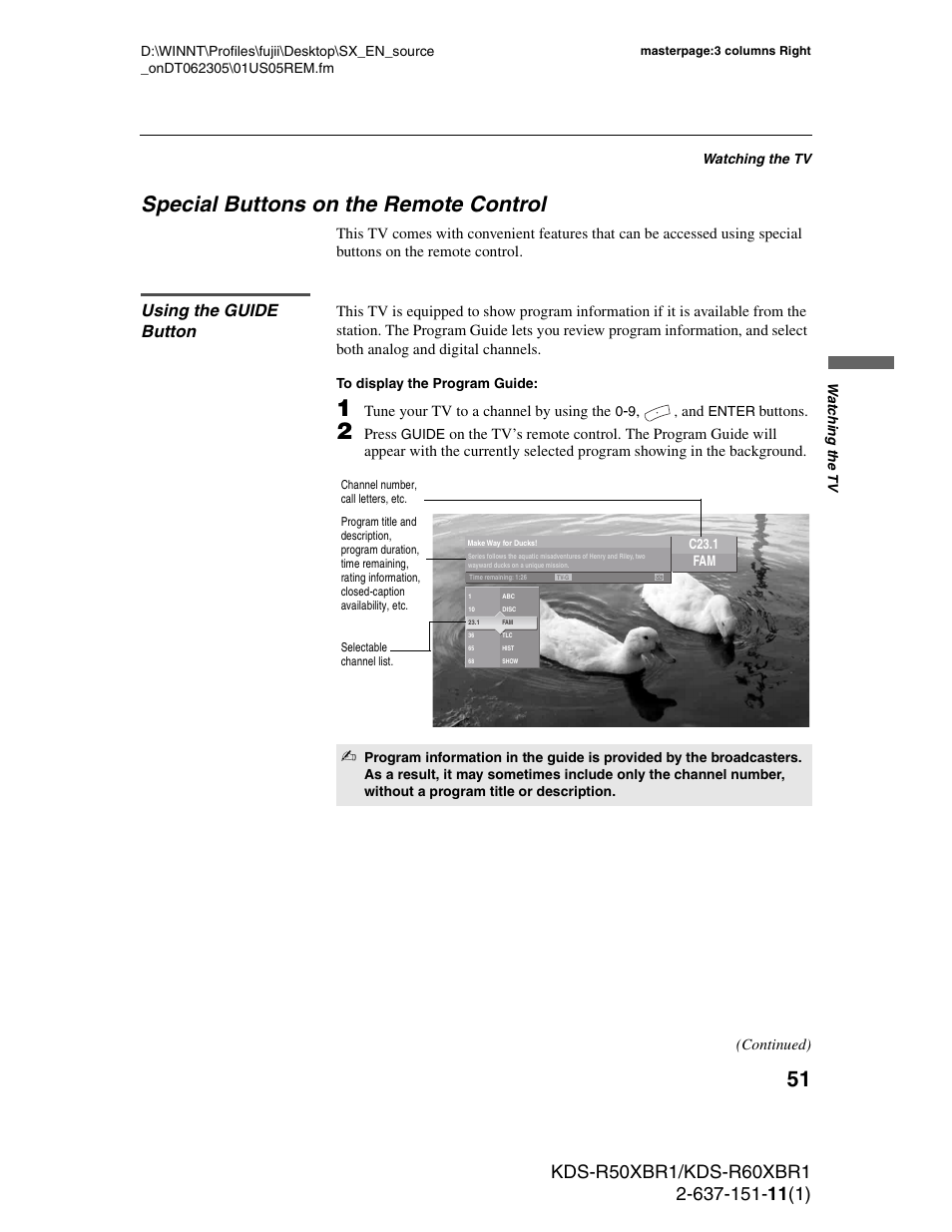 Special buttons on the remote control, Using the guide button | Sony KDS-R60XBR1 User Manual | Page 51 / 120