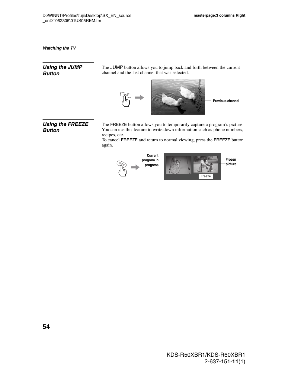 Using the jump button, Using the freeze button, Using the jump button using the freeze button | Sony KDS-R60XBR1 User Manual | Page 54 / 120