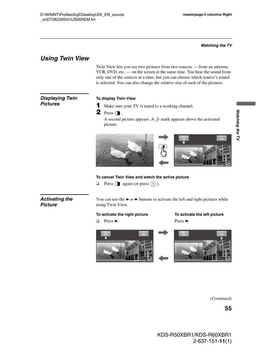 Using twin view, Displaying twin pictures, Activating the picture | Displaying twin pictures activating the picture | Sony KDS-R60XBR1 User Manual | Page 55 / 120