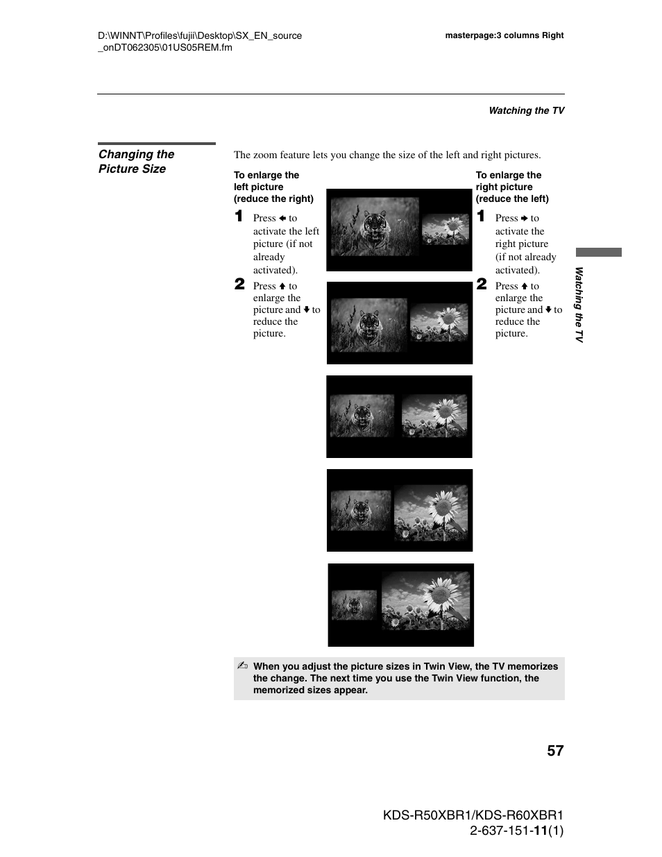 Changing the picture size, Changing the | Sony KDS-R60XBR1 User Manual | Page 57 / 120