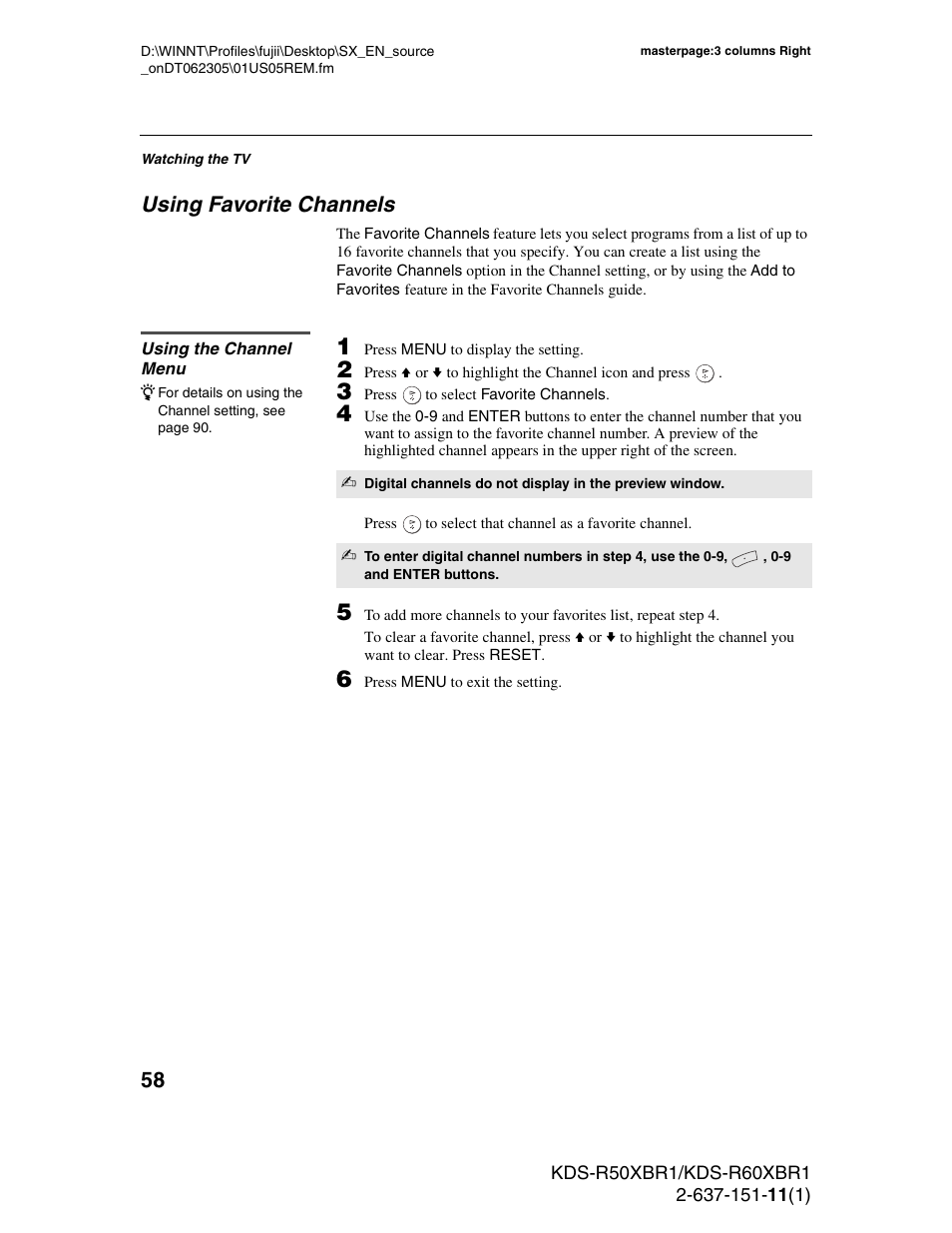 Using favorite channels, Using the channel menu | Sony KDS-R60XBR1 User Manual | Page 58 / 120