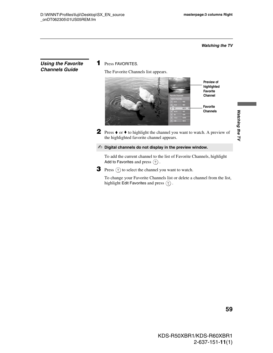 Using the favorite channels guide | Sony KDS-R60XBR1 User Manual | Page 59 / 120