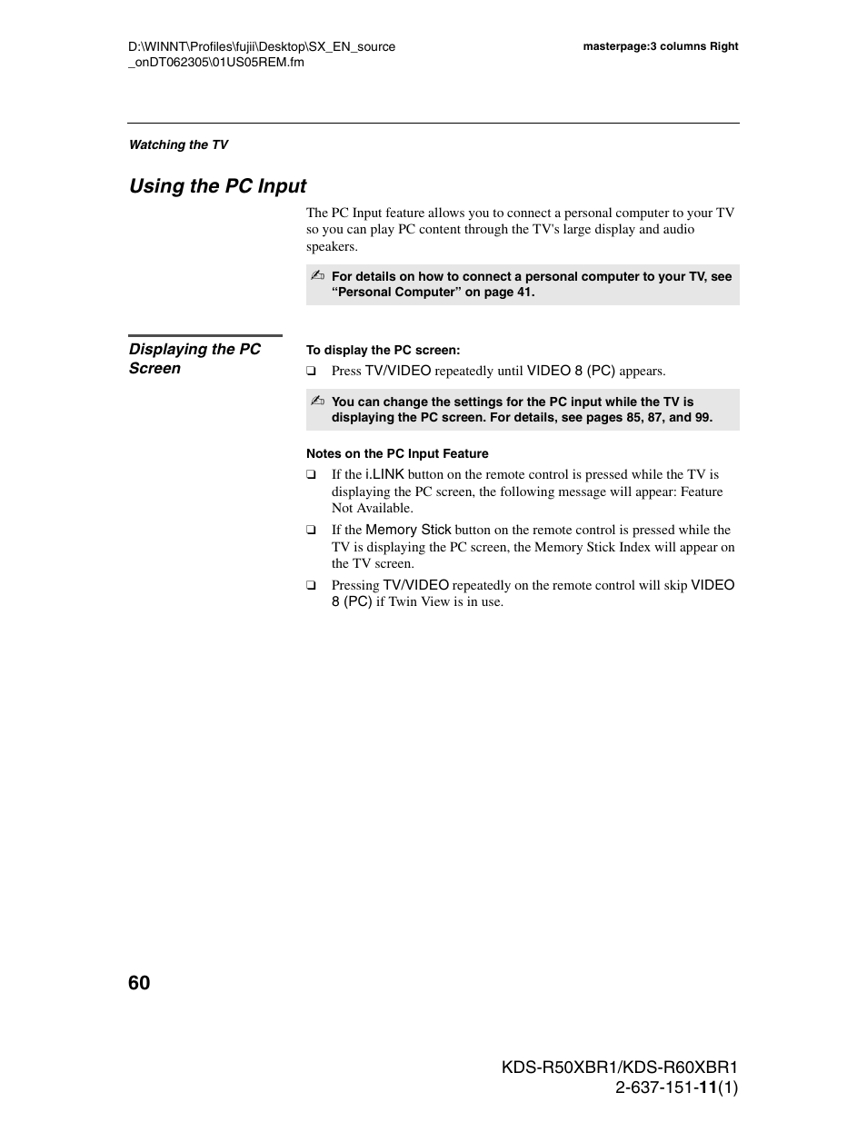 Using the pc input, Displaying the pc screen | Sony KDS-R60XBR1 User Manual | Page 60 / 120