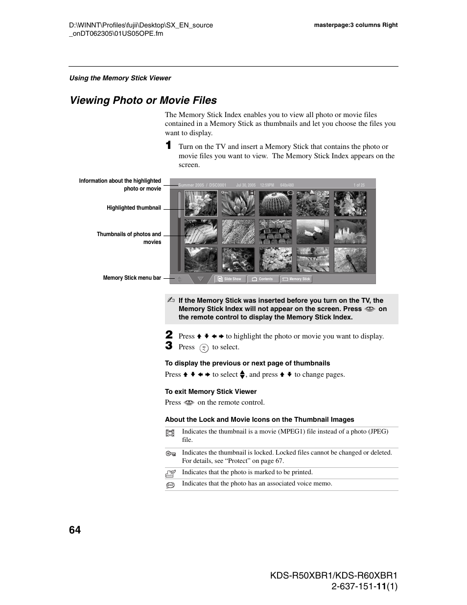 Viewing photo or movie files | Sony KDS-R60XBR1 User Manual | Page 64 / 120