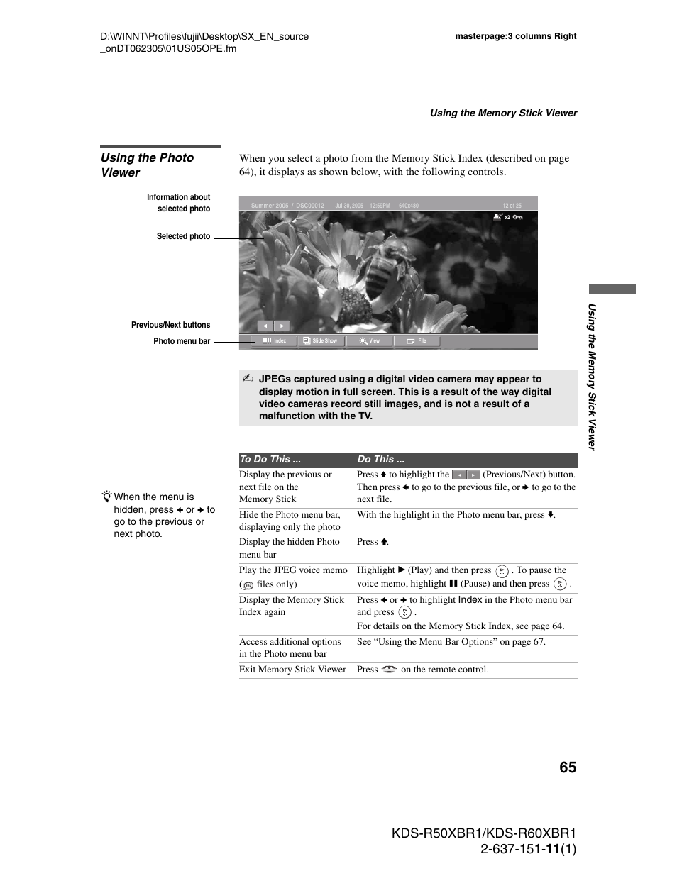 Using the photo viewer | Sony KDS-R60XBR1 User Manual | Page 65 / 120