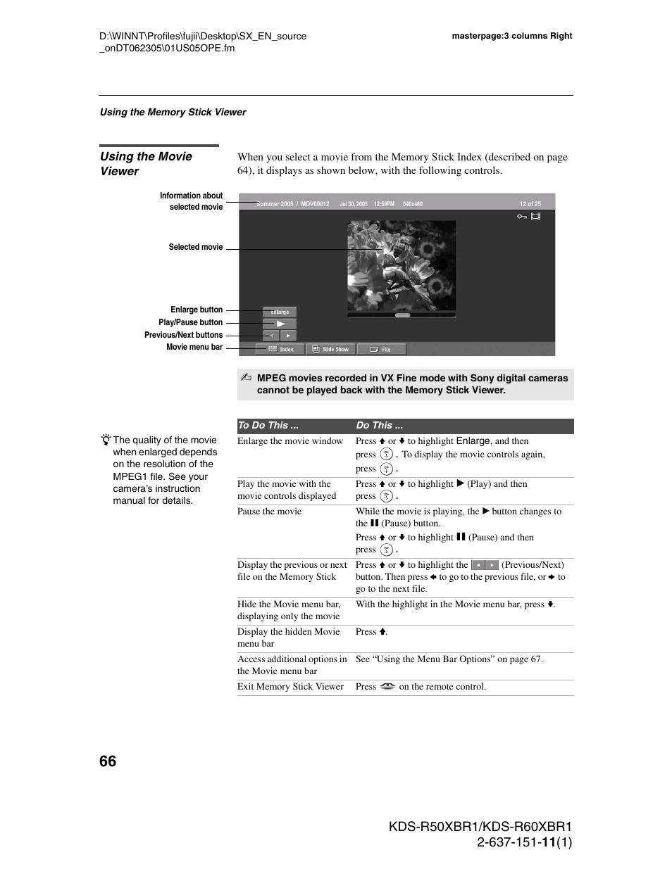 Using the movie viewer | Sony KDS-R60XBR1 User Manual | Page 66 / 120