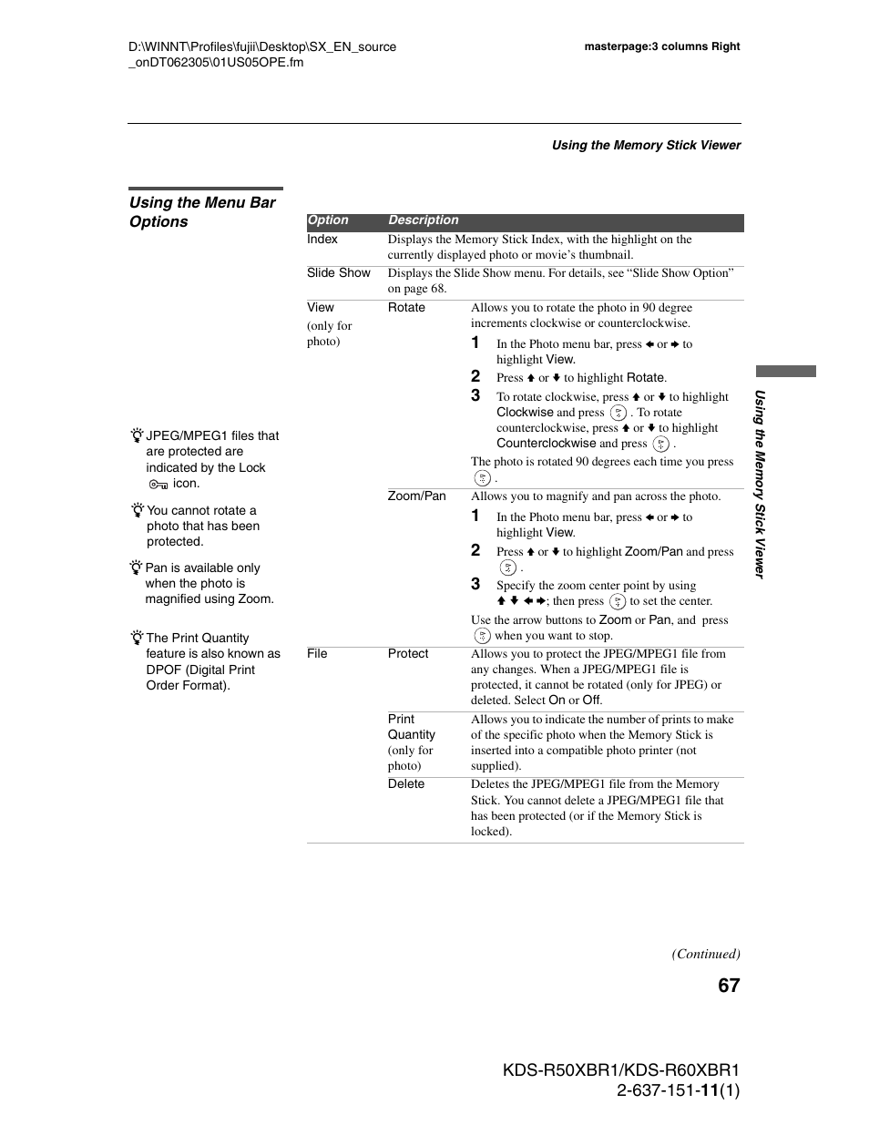 Using the menu bar options | Sony KDS-R60XBR1 User Manual | Page 67 / 120