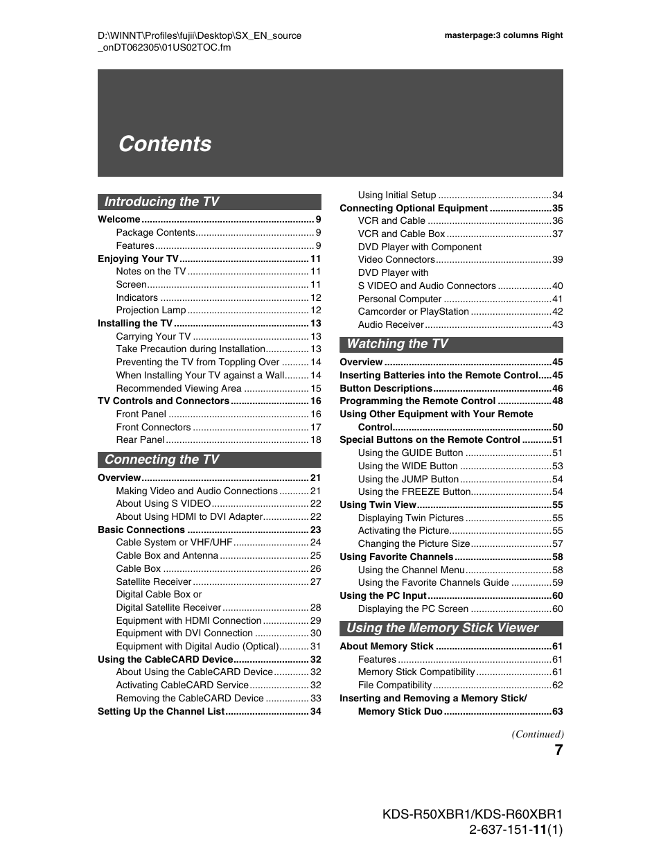 Sony KDS-R60XBR1 User Manual | Page 7 / 120