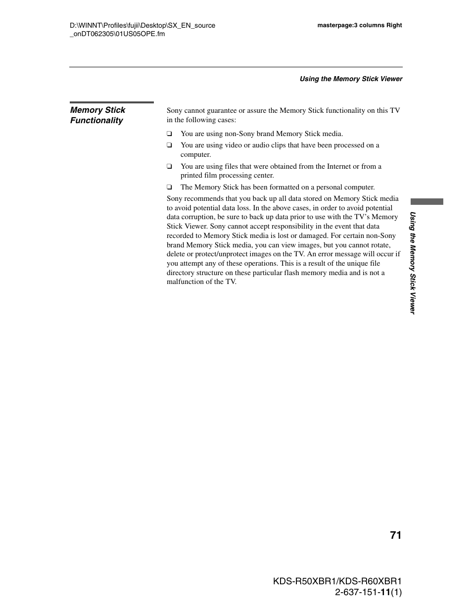 Memory stick functionality | Sony KDS-R60XBR1 User Manual | Page 71 / 120