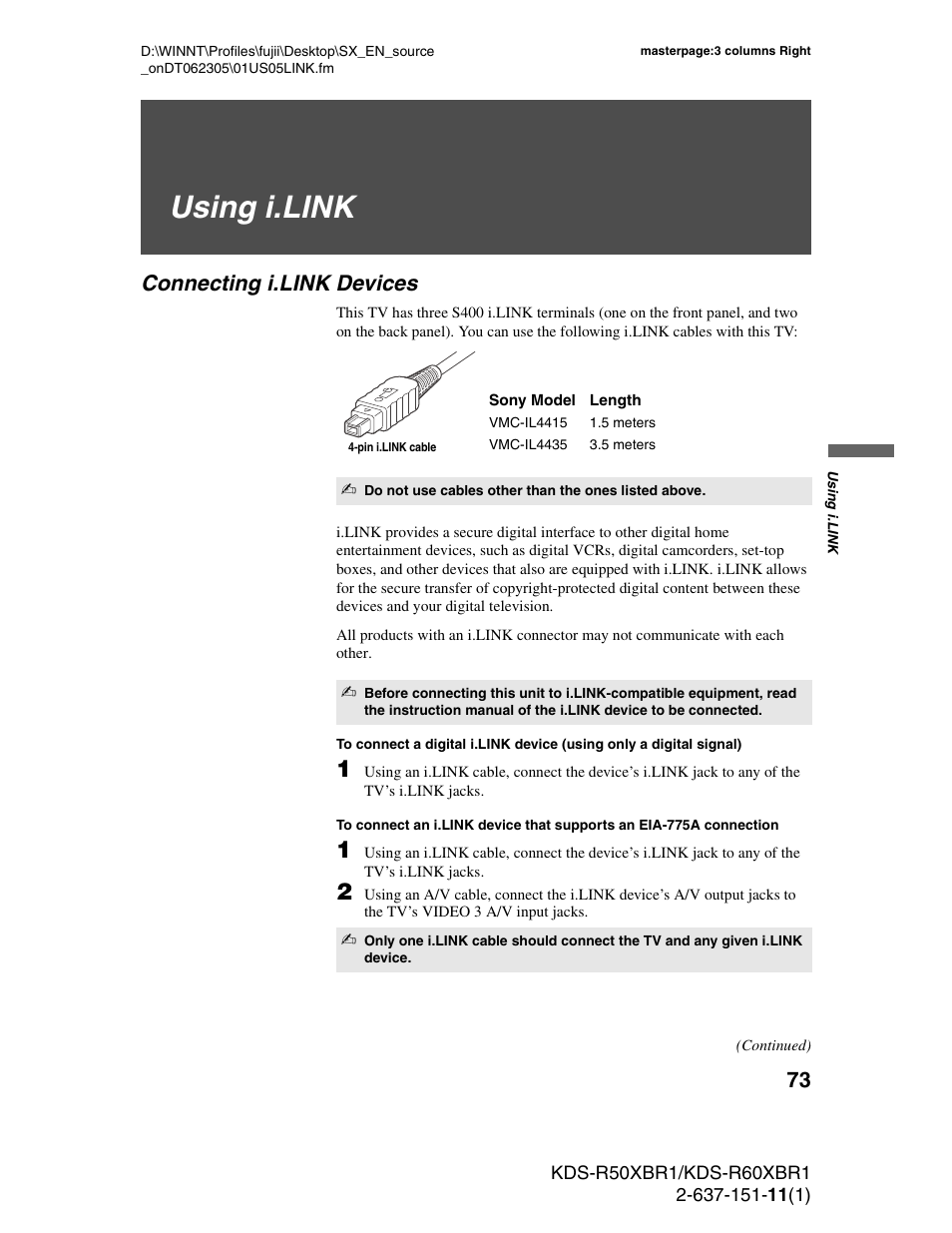 Using i.link, Connecting i.link devices | Sony KDS-R60XBR1 User Manual | Page 73 / 120