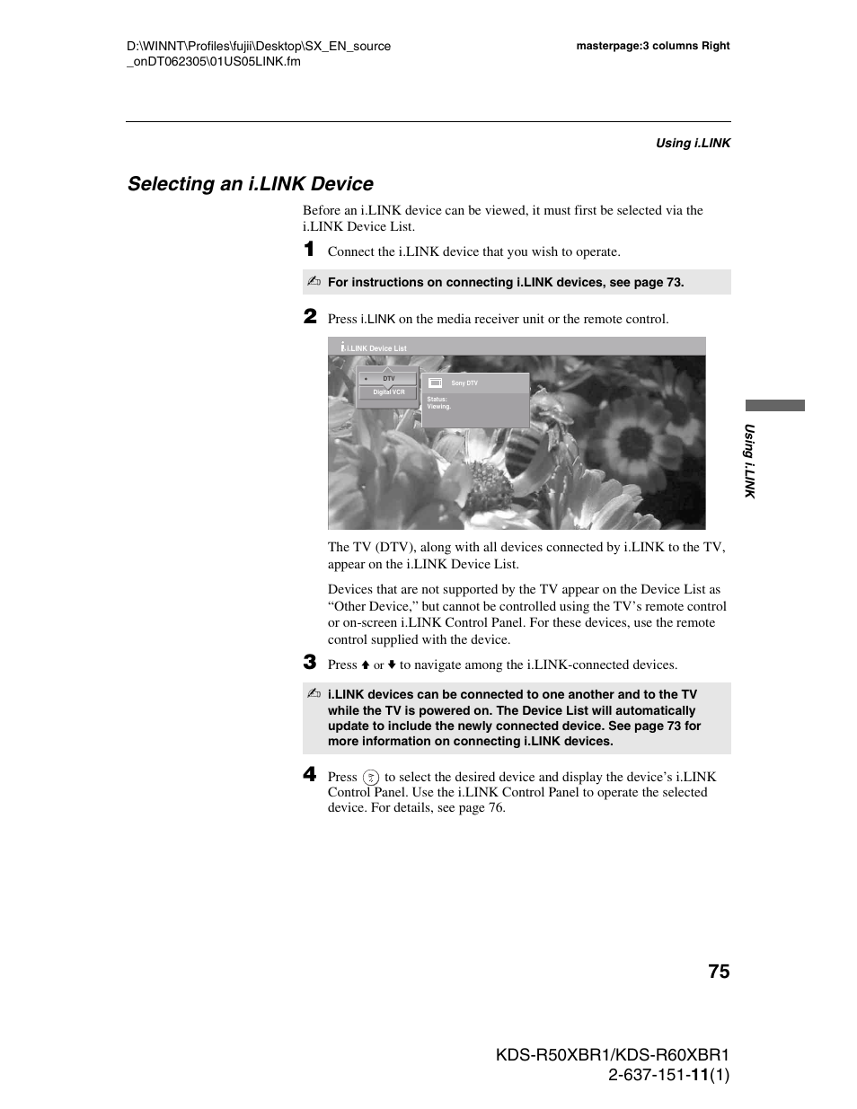 Selecting an i.link device | Sony KDS-R60XBR1 User Manual | Page 75 / 120