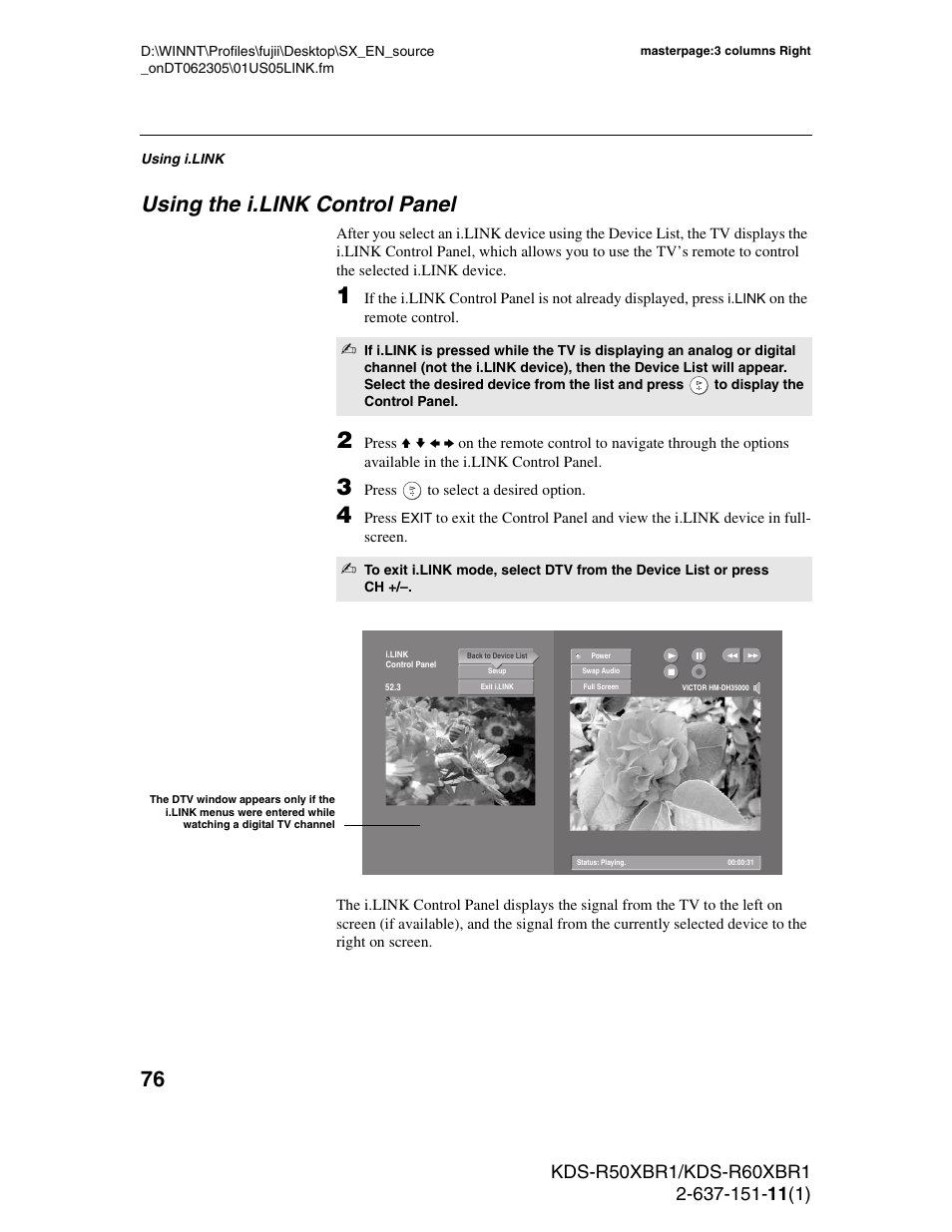 Using the i.link control panel | Sony KDS-R60XBR1 User Manual | Page 76 / 120