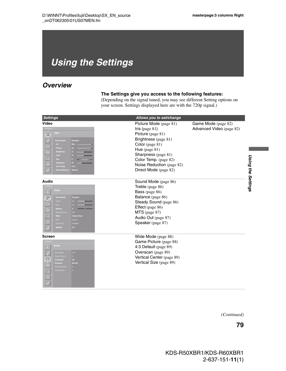 Using the settings, Overview, Continued) | Sony KDS-R60XBR1 User Manual | Page 79 / 120