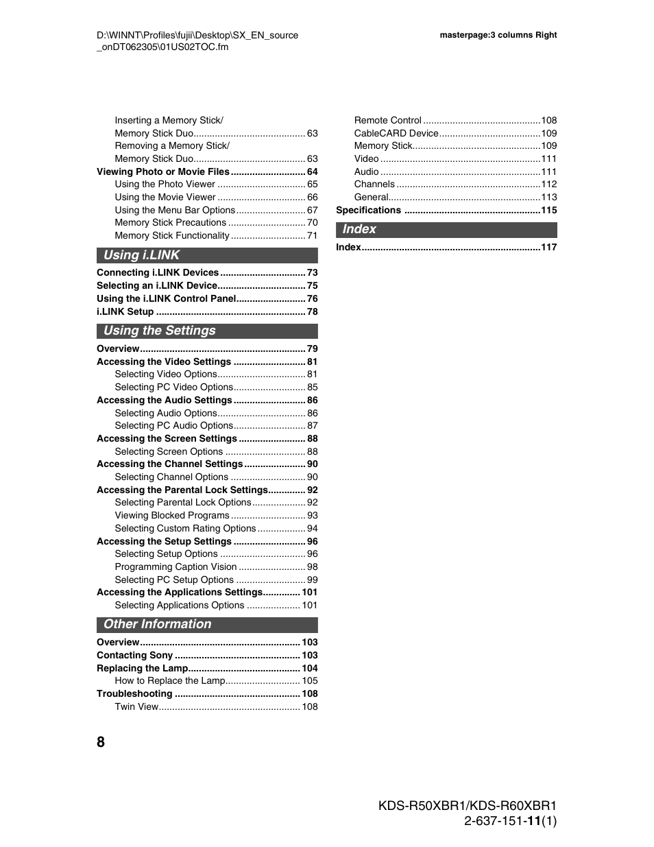 Sony KDS-R60XBR1 User Manual | Page 8 / 120