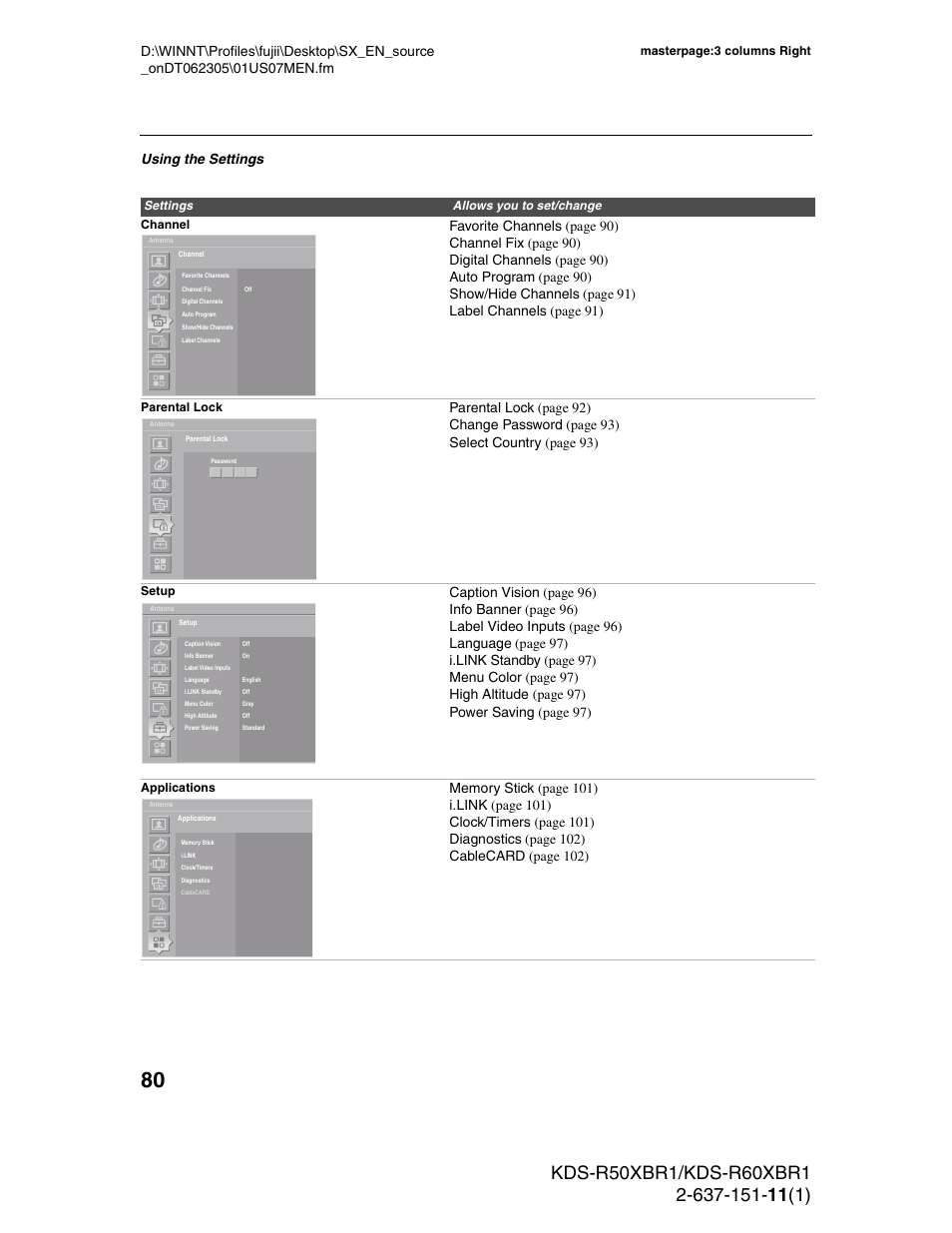 Using the settings | Sony KDS-R60XBR1 User Manual | Page 80 / 120