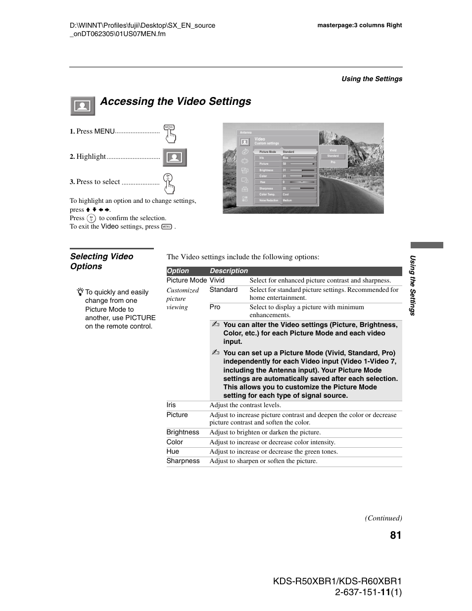 Accessing the video settings, Selecting video options | Sony KDS-R60XBR1 User Manual | Page 81 / 120